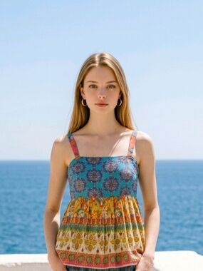 Natural Life Boho Baby Doll Tank SZ L Colorful Shirred Back Adjustable Straps